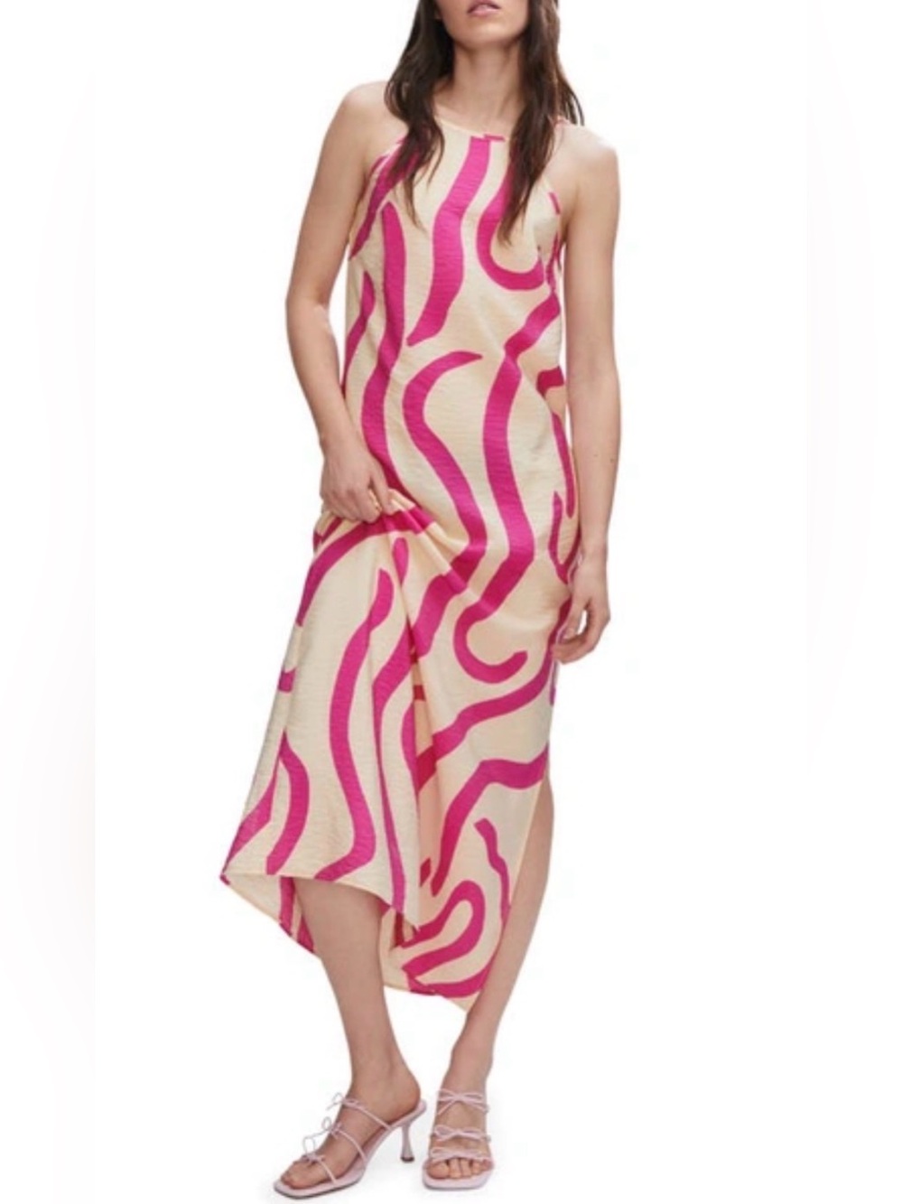 Mango MNG Abstract Print Midi Dress Womens Medium Pink Beige Sleeveless - Picture 1 of 11